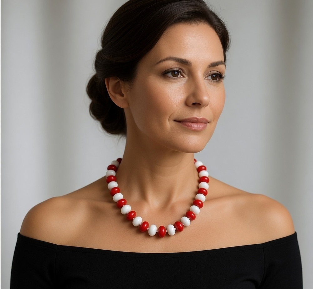 Red White Beaded Statement Necklace Single Strand 24" Womens Costume Jewelry